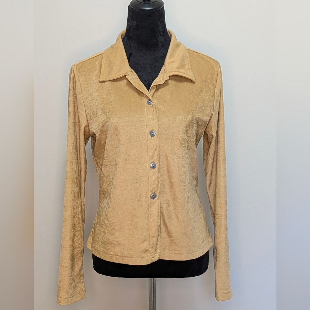 VTG Jordache Faux Suede Sm/Med Button Down Blouse Western Boho Tan Beige 80s